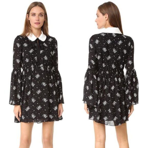Cinq a Sept Black Lily Bell Sleeve Floral Printed Mini Silk Dress - Size 2 - Picture 1 of 7